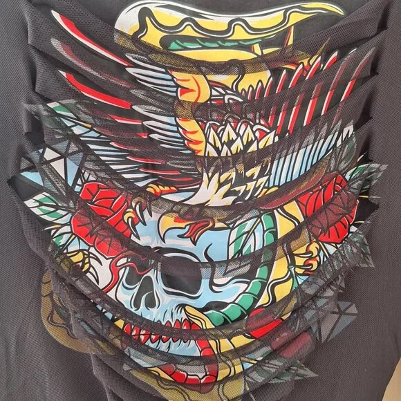 Sheer Mesh sleeved top.  Distressed w/graphic of skull.  NWT. Women's Large - Picture 2 of 4